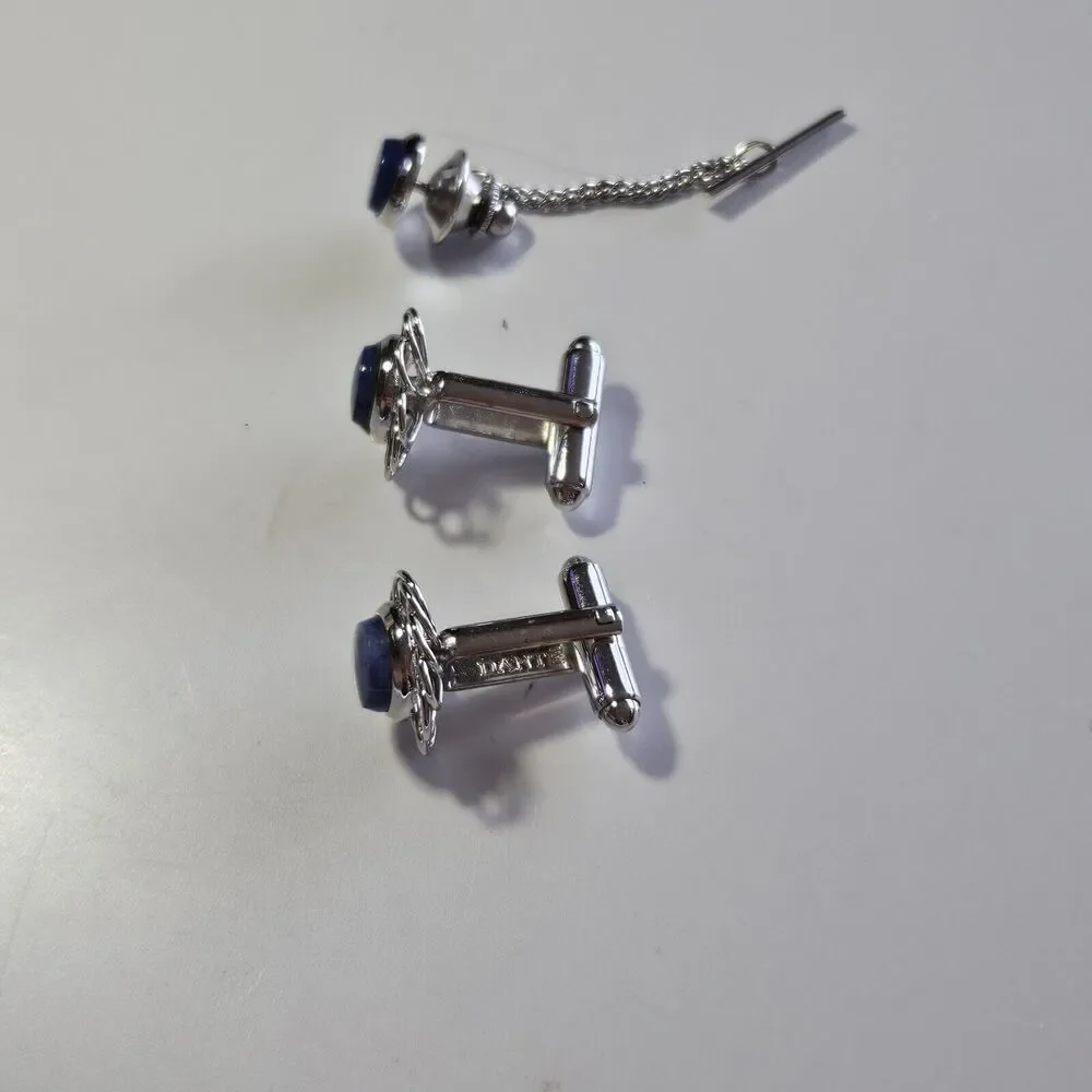 Vintage Dante Silver Tone Blue Semiprecious Cufflinks And Tie Pin Set